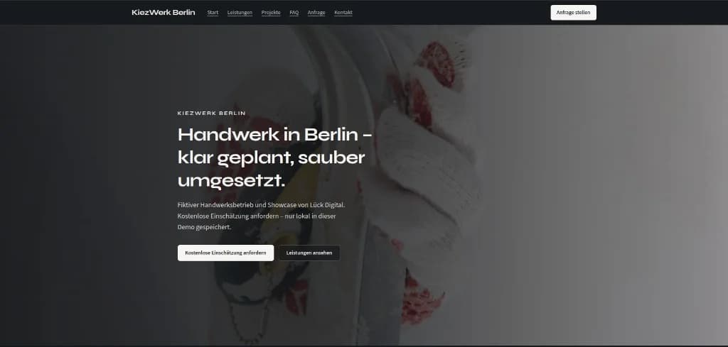 KiezWerk Berlin – Website für einen Handwerksbetrieb Screenshot der KiezWerk-Berlin-Showcase-Website von Lück Digital
